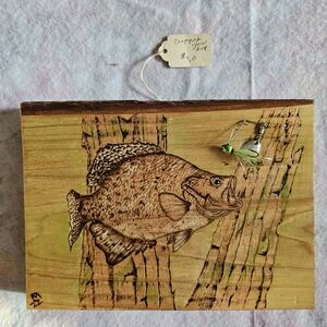 Wooden Plaque with Fish Carving and Lure